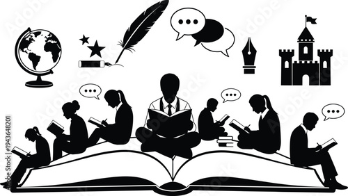 Students Reading and Writing on Large Open Book Silhouette, Education Concept, Learning, Knowledge, School, College, Library, Study, Vector Illustration, Graphic