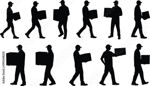Delivery worker silhouettes carrying packages courier logistics shipping service transport vector illustration parcel distribution workers collection