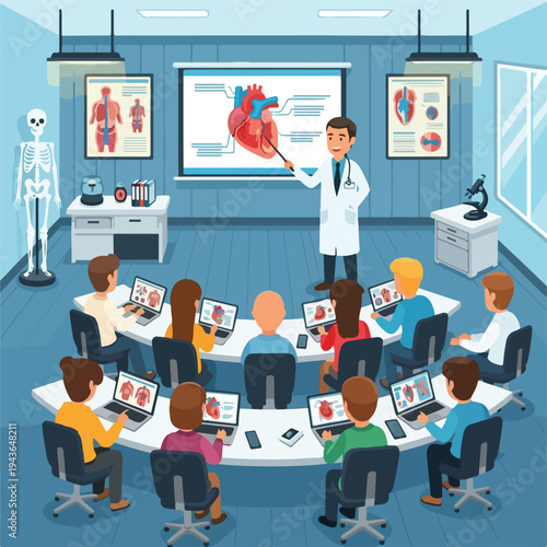 Medical classroom with instructor teaching about heart anatomy