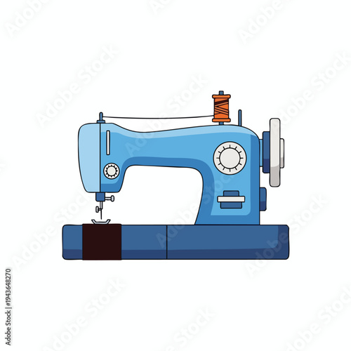 A stylized blue sewing machine with an orange spool of thread on top