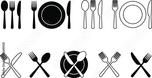 Restaurant cutlery and plate vector icon set for food menu, dining service, and kitchen utensil branding
