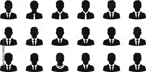 Set of professional business people silhouettes and avatar icons including men and women in formal suits pointing presenting and standing isolated on white background vector
