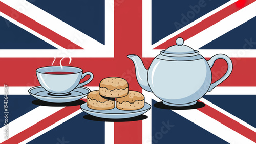 Traditional english breakfast with tea biscuits on a plate and teapot on a union jack background