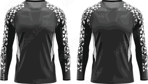 Technical Fashion Flat Sketch of Men Long Sleeve Compression Shirt with Raglan Sleeves and Geometric Triangle Pattern, Sportswear, Vector, Gray