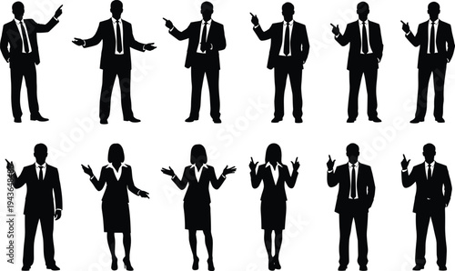 Large collection of professional business men and women silhouettes in formal suits pointing presenting and standing in diverse poses isolated on white background vector