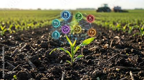 Young plant in rich soil with digital overlay of essential nutrients for healthy growth, representing sustainable agriculture and plant nutrition concepts