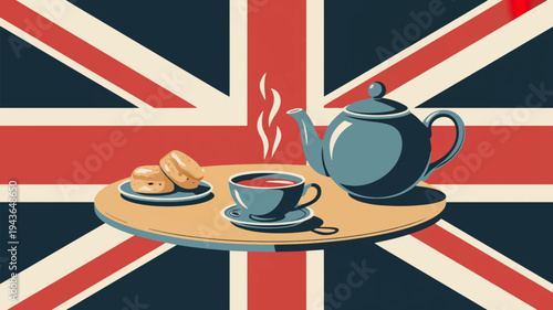 Traditional english breakfast tea setup with teapot cup saucer plate of scones on wooden tray against union jack background