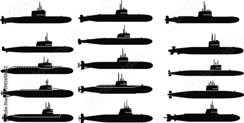 Submarine silhouettes collection, military navy underwater vessels set, maritime defense warship icons vector illustration isolated on white