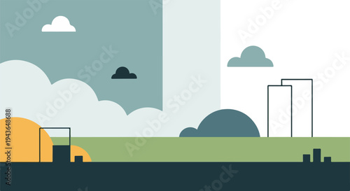Minimalist landscape with clouds, buildings, and ground, various colors