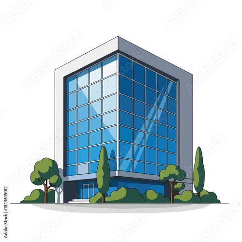Modern architectural illustration of a building with large windows and landscaping