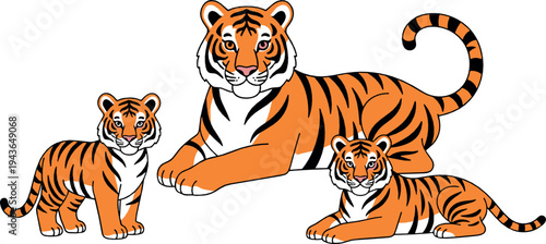 Tiger Family Wildlife Illustration with Mother Tiger and Cubs Sitting and Standing Big Cat Animals Vector Isolated on White Background