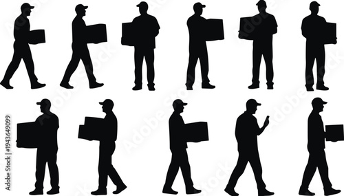 Delivery worker silhouettes carrying packages courier service logistics shipping workers vector illustration set parcel transport collection