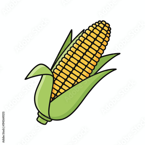 Stylized illustration of a fresh corn cob with yellow kernels and green husks