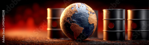 Fueling Concerns: A stark image of the Earth, precariously positioned amidst ominous oil barrels, vividly symbolizes global energy concerns and environmental issues.