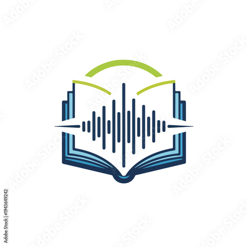Stylized open book illustration with soundwave bars, and an arch