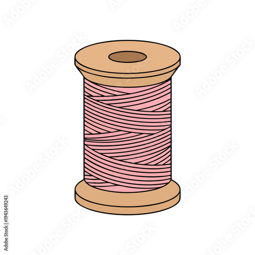 A spool of pink thread is depicted against a white background, with a hole in the center