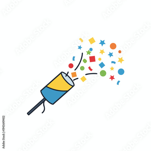 A colorful party popper explodes with confetti, stars, and circles
