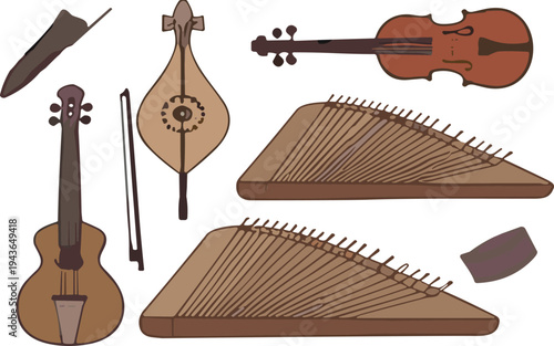 Vintage musical instruments and classical orchestra elements collection with piano guitar violin harp trumpet retro vector illustration set