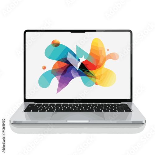 Modern silver laptop displays a colorful, abstract, and vibrant design on its screen