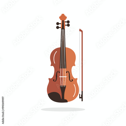A warm-toned violin with its bow stands upright on a white background