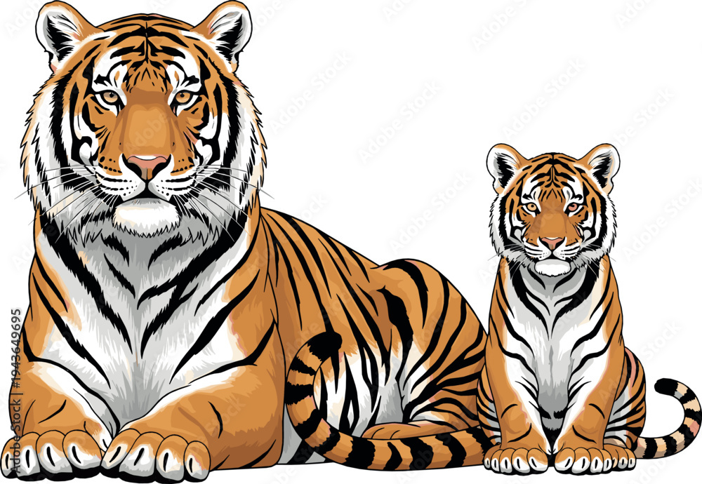 Obraz premium Bengal Tiger Family Illustration with Adult Tiger and Cub Sitting Wildlife Big Cat Animal Vector Isolated on White Background