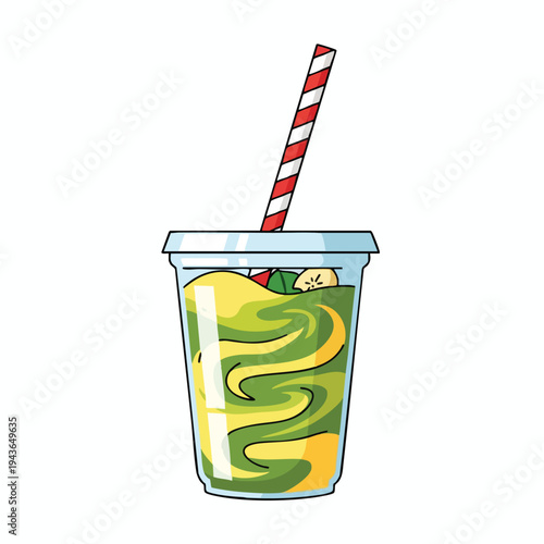 Green and yellow blended drink in clear cup with striped straw