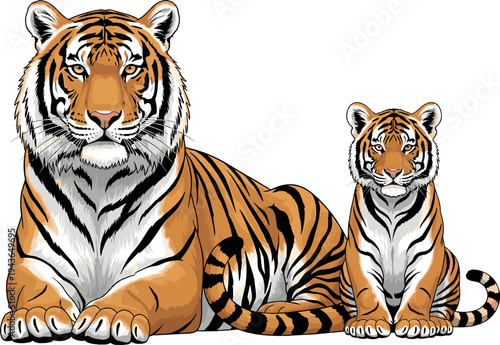 Bengal Tiger Family Illustration with Adult Tiger and Cub Sitting Wildlife Big Cat Animal Vector Isolated on White Background
