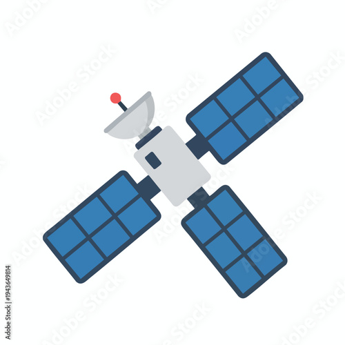 Flat icon of a satellite with solar panels and an antenna, isolated on white