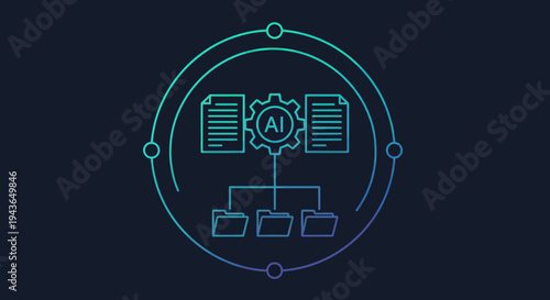 Abstract tech illustration of cloud infrastructure with servers, documents, and gears.
