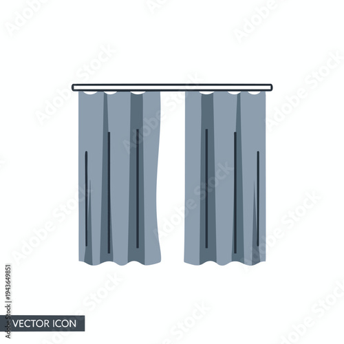 A blue vector graphic of curtains parted by a white space on a white background