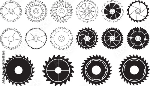 Collection of various circular saw blades and gear icons