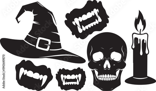 Halloween icons including witch hat and skulls on white