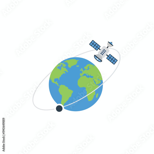 A flat illustration of Earth orbited by a satellite with solar panels