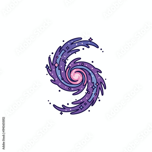 Swirling cosmic vortex with pink and blue center, surrounded by purple wisps and stars