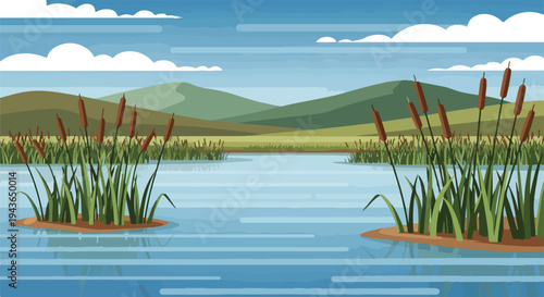 Pixelated landscape of a calm lake with bulrushes and distant mountains