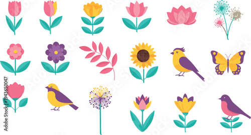 Cute Easter Farm Animals Collection with Bunny, Chicks, Rooster, Easter Eggs, Basket and Vintage Pickup Truck Spring Holiday Vector Set