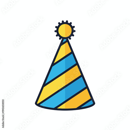 A blue and yellow striped party hat with a sun-like pompom sits on a white background