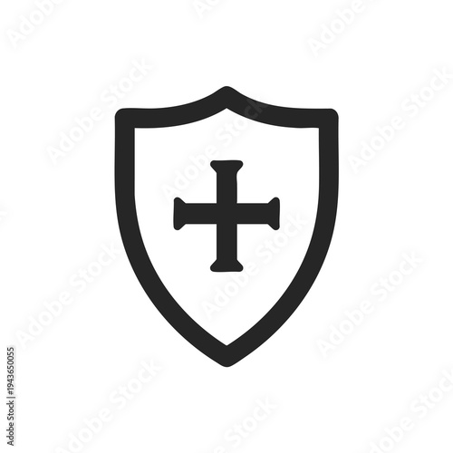 Black outlined shield with a cross inside