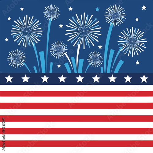 Patriotic-themed graphic with fireworks, stars and red-white stripes