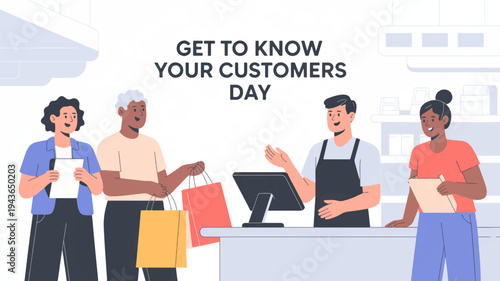 Customers and shopkeeper interacting at a retail checkout counter on get to know your customers day