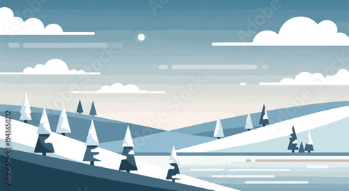 Pixelated winter scene with trees, clouds, hills, and a frozen body of water