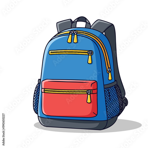 A blue backpack with a red front pocket and yellow zippers, on white