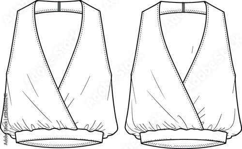 Technical CAD Drawing Flat Vector Illustration of a Women's Sleeveless V-Neck Surplice Wrap Crop Top with Elasticated Hem Detail