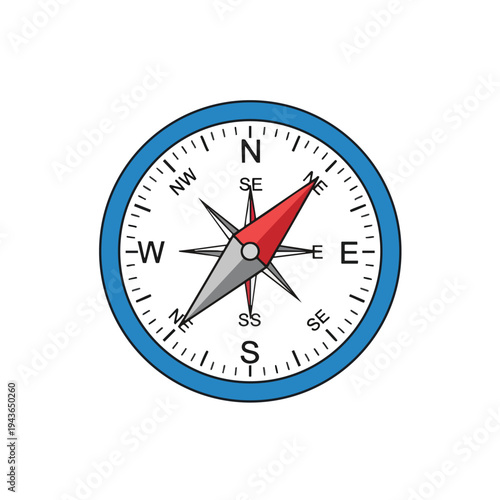 A simple illustration of a compass with a blue rim and a red and gray needle