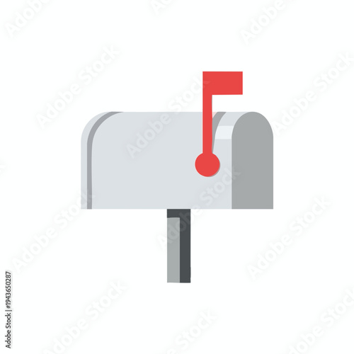 Minimalist, modern mailbox with red flag and white background
