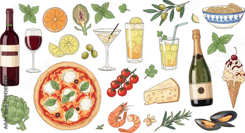 Italian Food and Drinks Collection with Pizza, Wine, Cheese, Pasta, Olives, Seafood and Mediterranean Cuisine Ingredients Vector Set