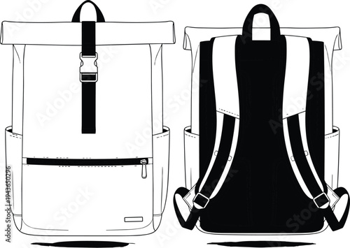 Technical fashion flat sketch of a modern roll-top backpack featuring front buckle closure, zippered pocket, side compartments, padded shoulder straps, and detailed back panel views.