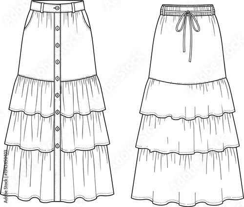 Technical fashion flat sketch of a women’s button down tiered maxi skirt with drawstring waist and pockets for apparel design and mockup template