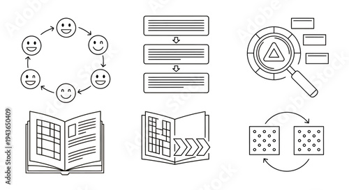 Set of line art icons illustrating education, books, data networks, and information workflow concepts.