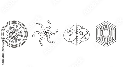 Illustration sequence of microscopic symbols: virus, microbe, no symbol, and hexagonal lattice.
